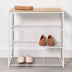 Meuble à chaussures 4 niveaux en métal blanc et bois naturel