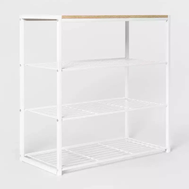 Meuble à chaussures 4 niveaux en métal blanc et bois naturel