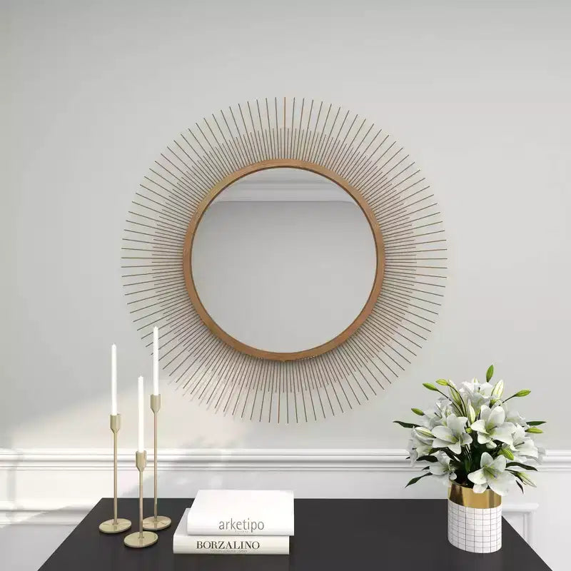 Miroir mural soleil en métal doré 36 po : Cadre en fer, aucun assemblage requis, décor moderne