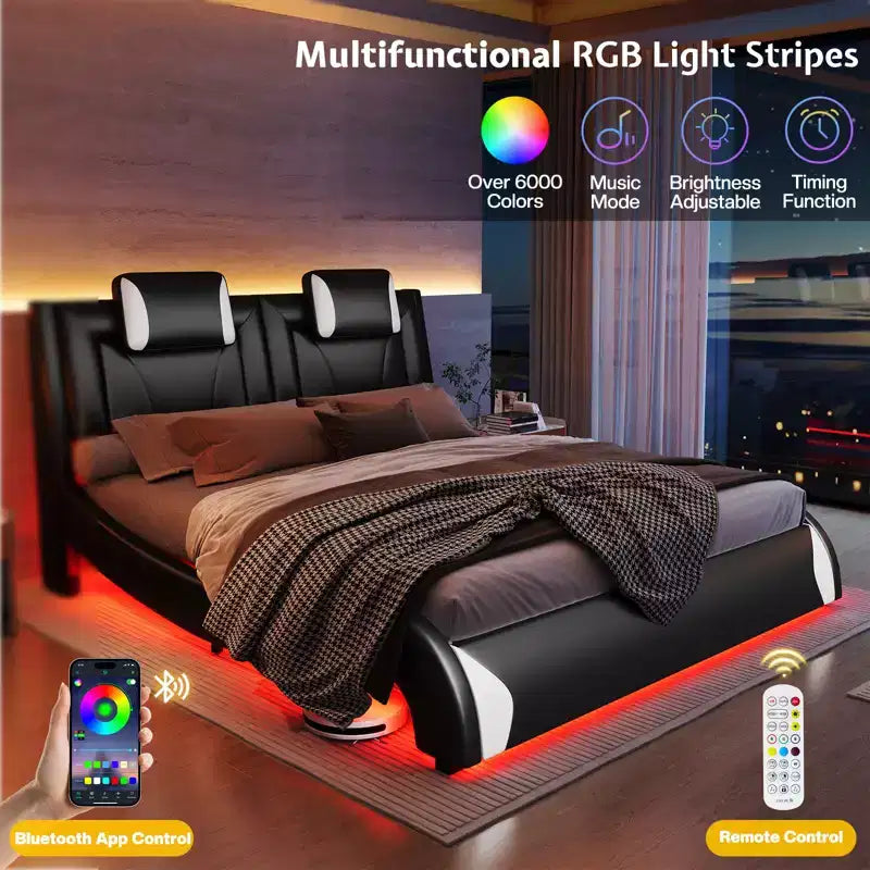 Cadre de lit à LED, lit plateforme rembourré en similicuir