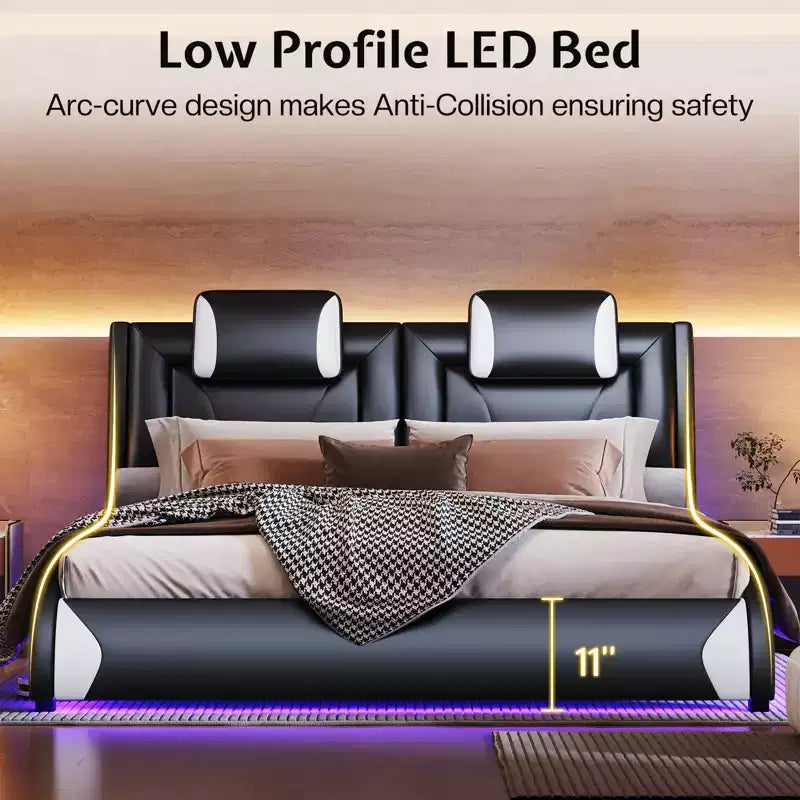 Cadre de lit à LED, lit plateforme rembourré en similicuir