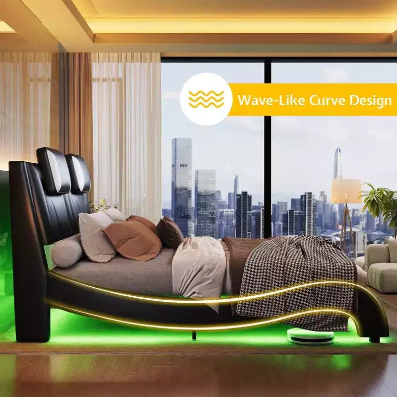 Cadre de lit à LED, lit plateforme rembourré en similicuir