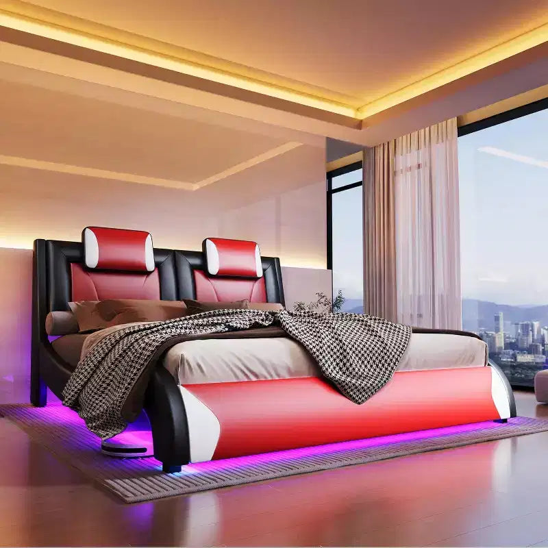 Cadre de lit à LED, lit plateforme rembourré en similicuir