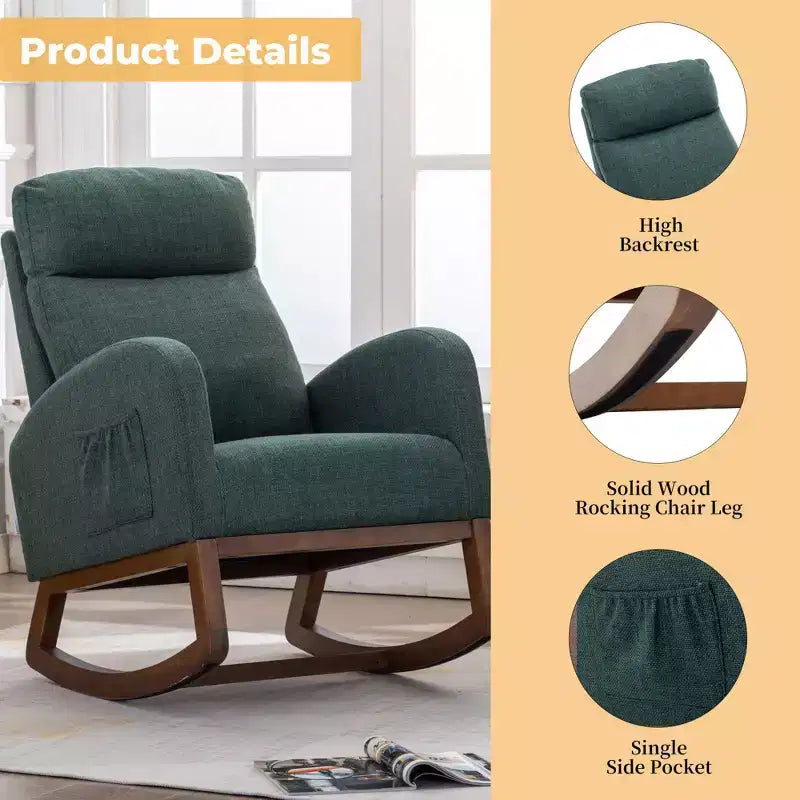 Fauteuil à bascule d'appoint rembourré avec pieds en bois et poche latérale, chaise longue confortable pour salon, chambre à coucher