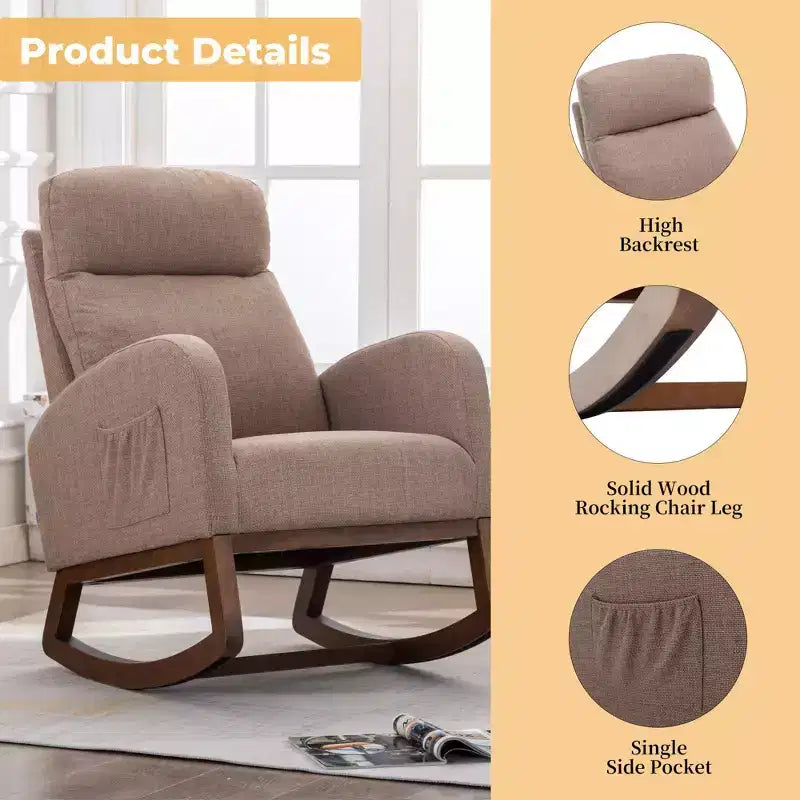 Fauteuil à bascule d'appoint rembourré avec pieds en bois et poche latérale, chaise longue confortable pour salon, chambre à coucher