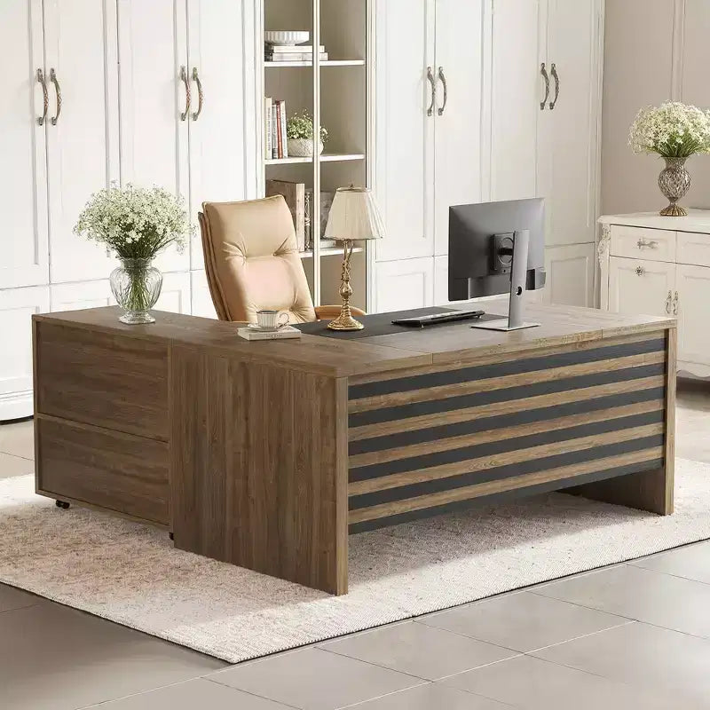 62.2 Bureau avec caisson mobile, capacité de 204 kg, motif rayé noir et gris
