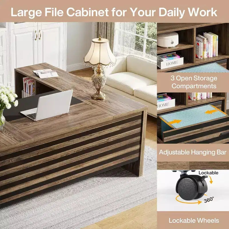 62.2 Bureau avec caisson mobile, capacité de 204 kg, motif rayé noir et gris