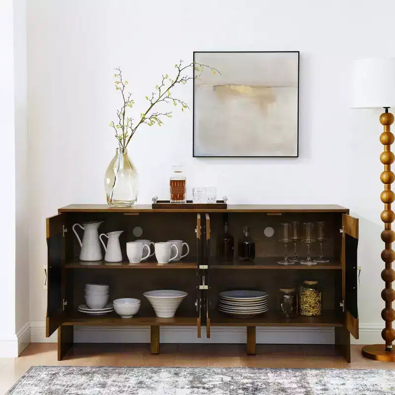 Bahut moderne avec rangement, buffet cannelé avec motif géométrique et étagères réglables pour entrée/cuisine/salle à manger