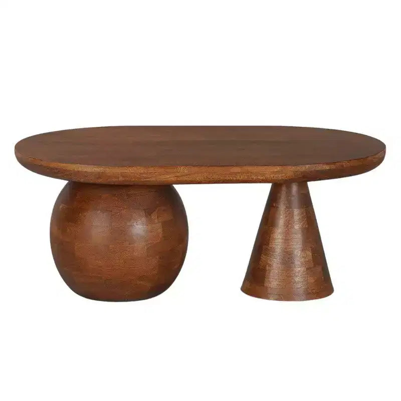 Table basse ovale faite à la main en bois de manguier 38" | Base à boules et cônes ronds