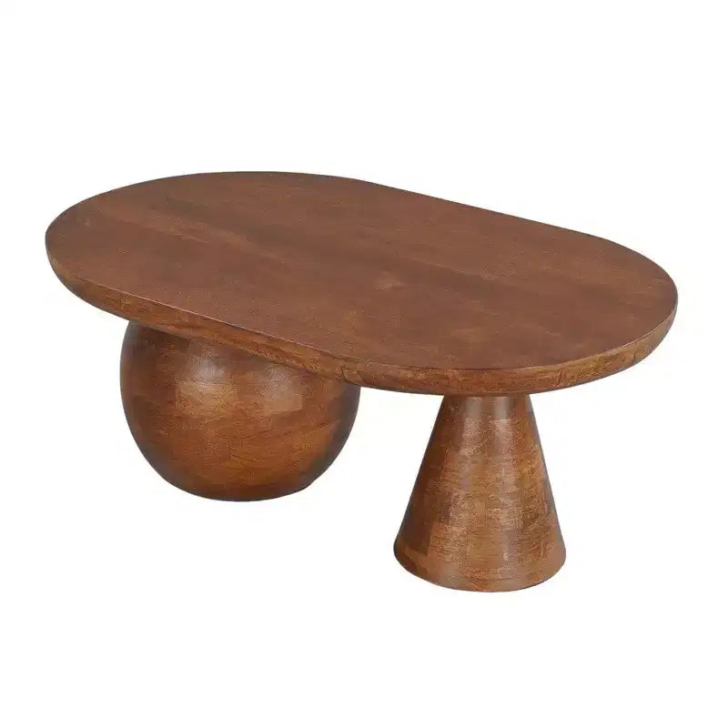 Table basse ovale faite à la main en bois de manguier 38" | Base à boules et cônes ronds
