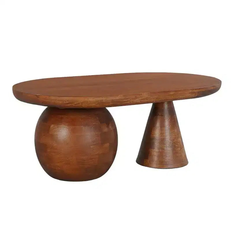 Table basse ovale faite à la main en bois de manguier 38" | Base à boules et cônes ronds