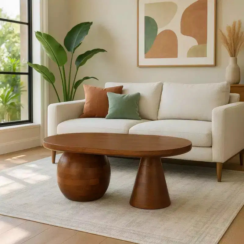 Table basse ovale faite à la main en bois de manguier 38" | Base à boules et cônes ronds