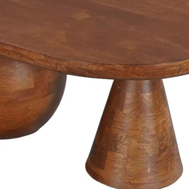 Table basse ovale faite à la main en bois de manguier 38" | Base à boules et cônes ronds