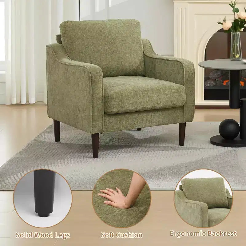 Fauteuil simple du milieu du siècle, fauteuil moderne en tissu de lin, fauteuil d'appoint confortable avec accoudoirs incurvés, fauteuil de lecture à dossier haut