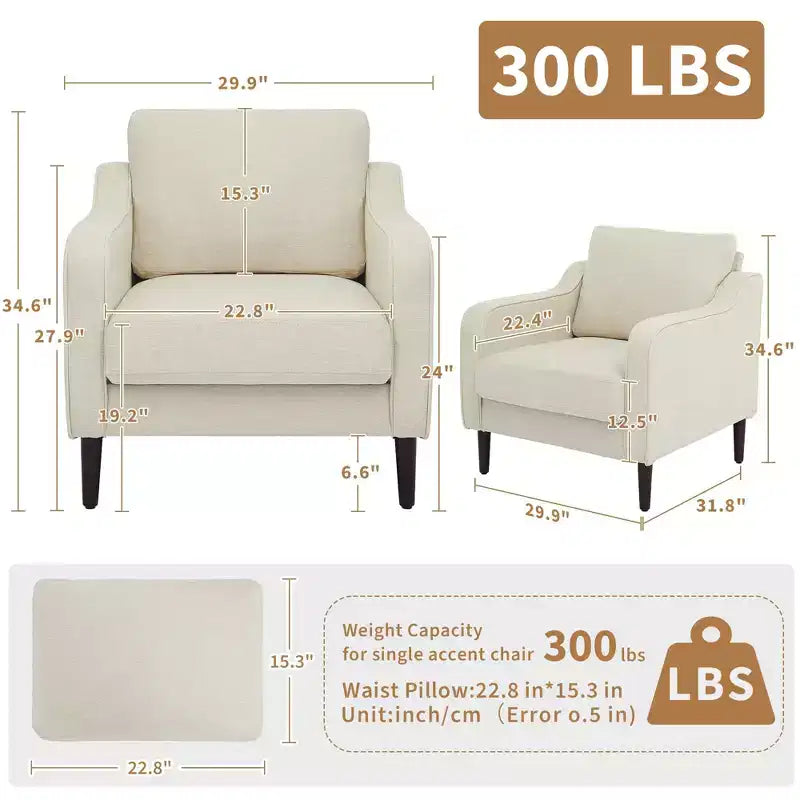 Fauteuil simple du milieu du siècle, fauteuil moderne en tissu de lin, fauteuil d'appoint confortable avec accoudoirs incurvés, fauteuil de lecture à dossier haut