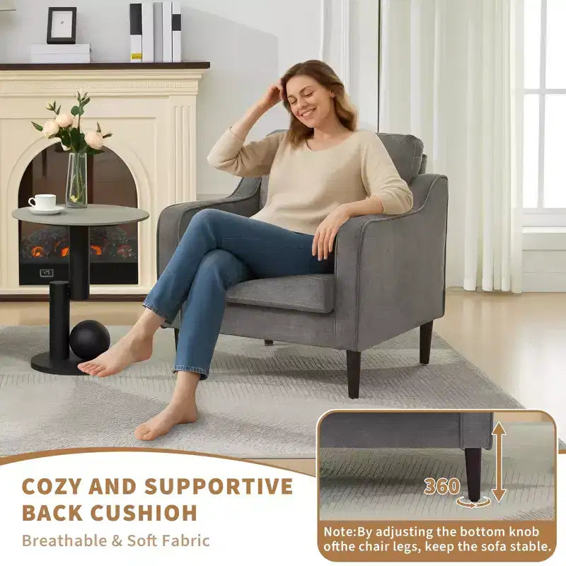 Fauteuil simple du milieu du siècle, fauteuil moderne en tissu de lin, fauteuil d'appoint confortable avec accoudoirs incurvés, fauteuil de lecture à dossier haut