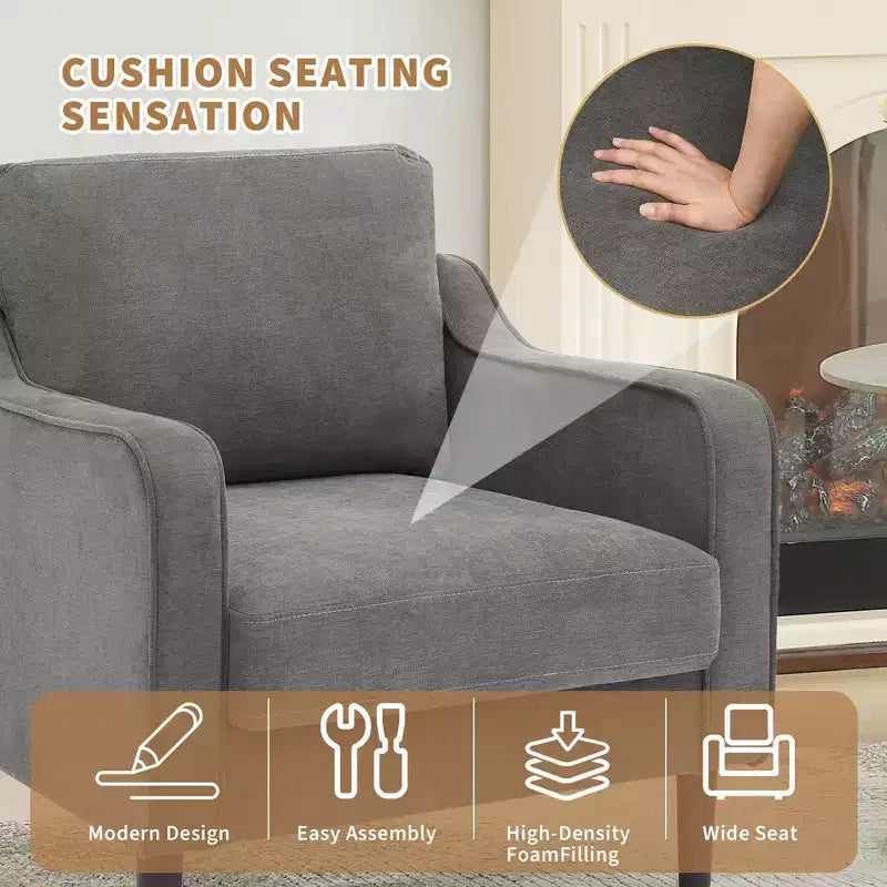 Fauteuil simple du milieu du siècle, fauteuil moderne en tissu de lin, fauteuil d'appoint confortable avec accoudoirs incurvés, fauteuil de lecture à dossier haut