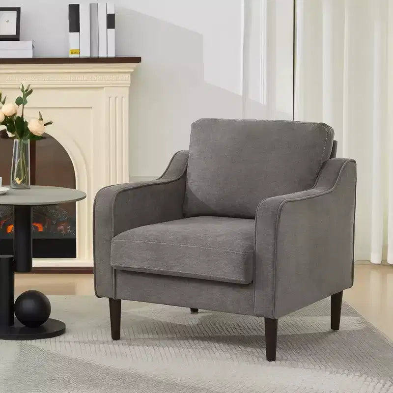 Fauteuil simple du milieu du siècle, fauteuil moderne en tissu de lin, fauteuil d'appoint confortable avec accoudoirs incurvés, fauteuil de lecture à dossier haut
