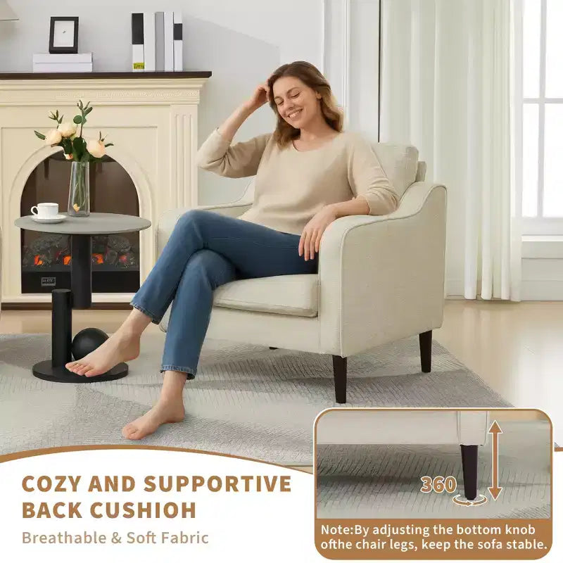 Fauteuil simple du milieu du siècle, fauteuil moderne en tissu de lin, fauteuil d'appoint confortable avec accoudoirs incurvés, fauteuil de lecture à dossier haut