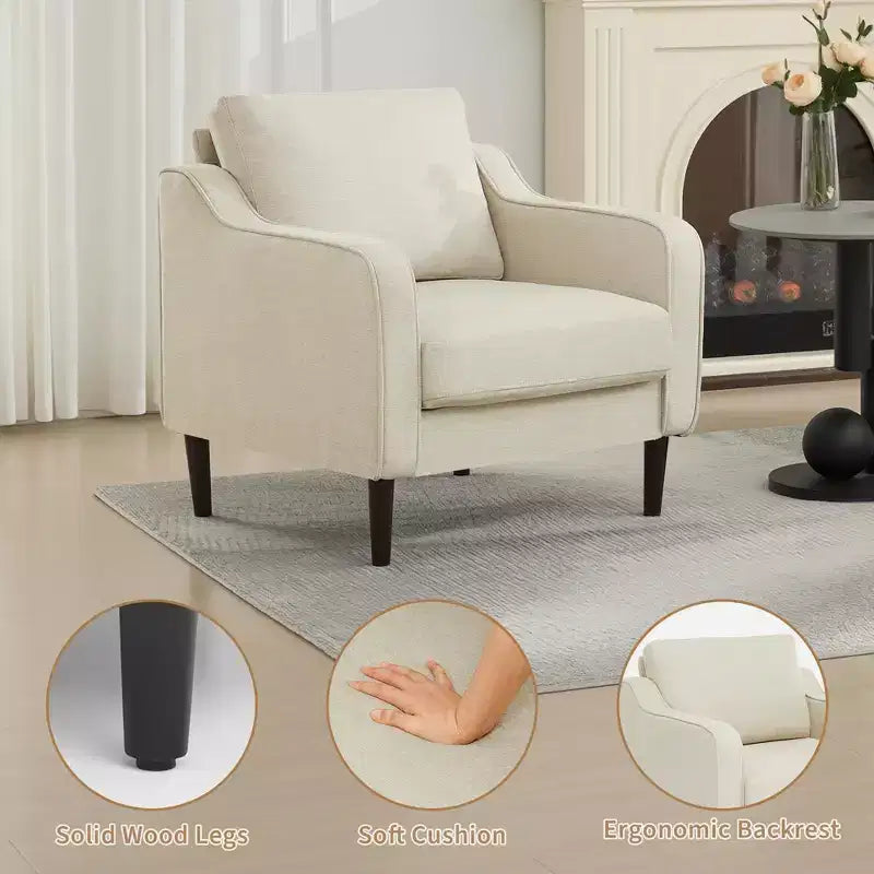 Fauteuil simple du milieu du siècle, fauteuil moderne en tissu de lin, fauteuil d'appoint confortable avec accoudoirs incurvés, fauteuil de lecture à dossier haut