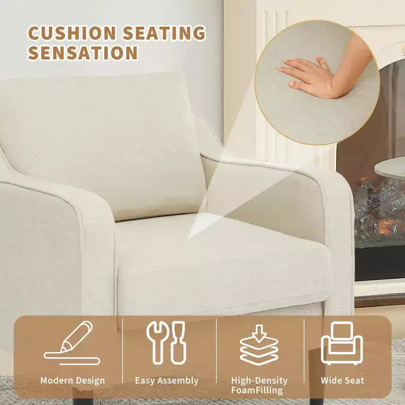 Fauteuil simple du milieu du siècle, fauteuil moderne en tissu de lin, fauteuil d'appoint confortable avec accoudoirs incurvés, fauteuil de lecture à dossier haut