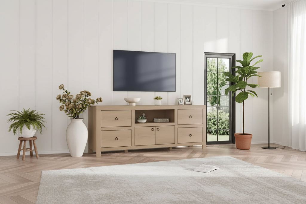 Farmhouse TV Stand for 75/80 Inch TVs, 70 Long Entertainment Center with 6 Storage Drawer & Soundbar Shelf, Brown Television Consoles Stands