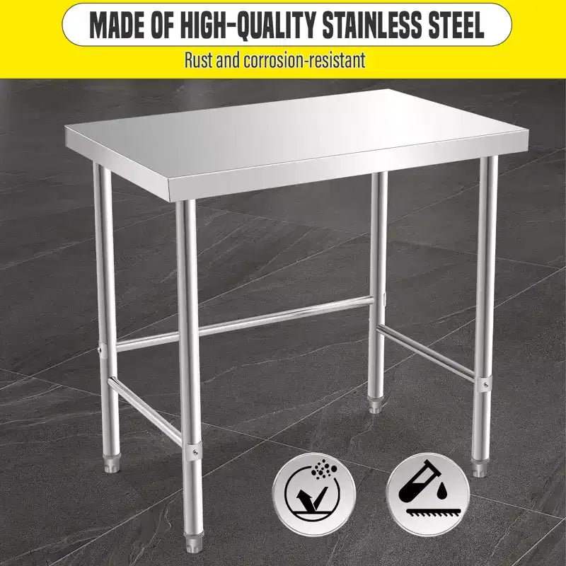 Table en acier inoxydable, plan de travail de cuisine de restaurant en acier inoxydable avec base ouverte