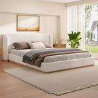 Lit moderne Vira en hévéa avec tête de lit capitonnée en tissu bouclette et oreilles