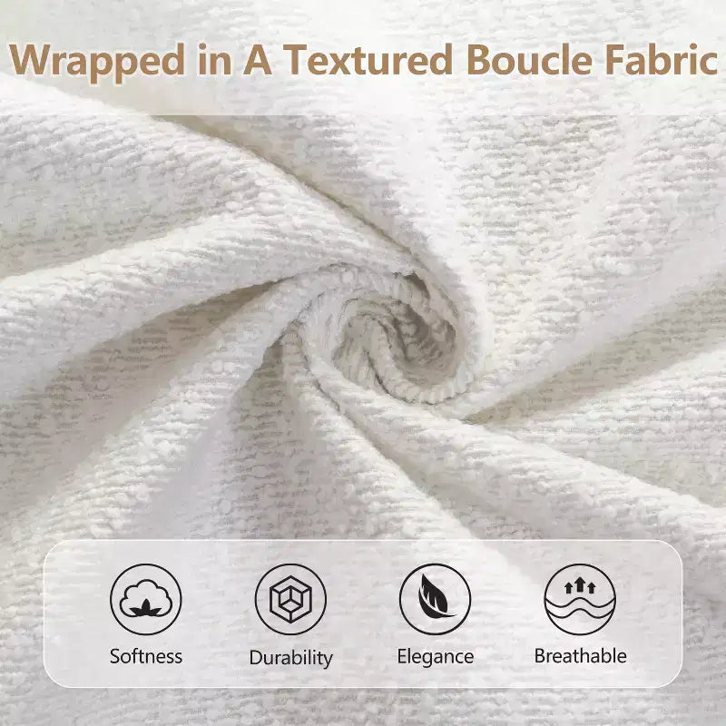 Lit moderne Vira en hévéa avec tête de lit capitonnée en tissu bouclette et oreilles