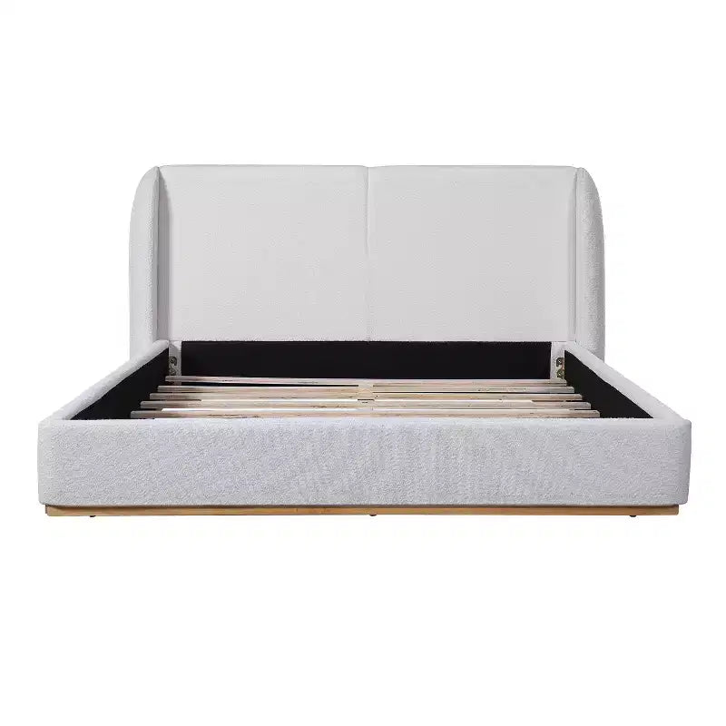 Lit moderne Vira en hévéa avec tête de lit capitonnée en tissu bouclette et oreilles