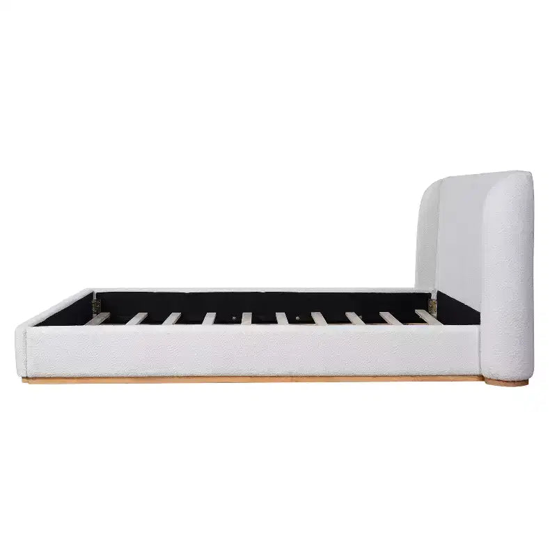 Lit moderne Vira en hévéa avec tête de lit capitonnée en tissu bouclette et oreilles