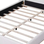 Lit moderne Vira en hévéa avec tête de lit capitonnée en tissu bouclette et oreilles