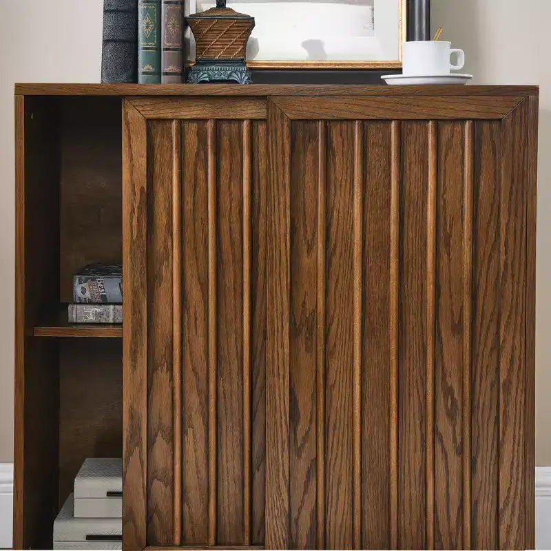 Bahut Guill style Mid-Century avec grain de bois et 2 portes coulissantes