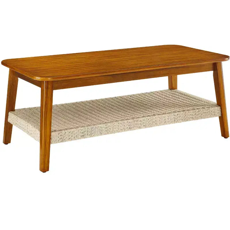 Table basse Ramsay Mid-Century Modern en hévéa avec étagère en rotin tressé