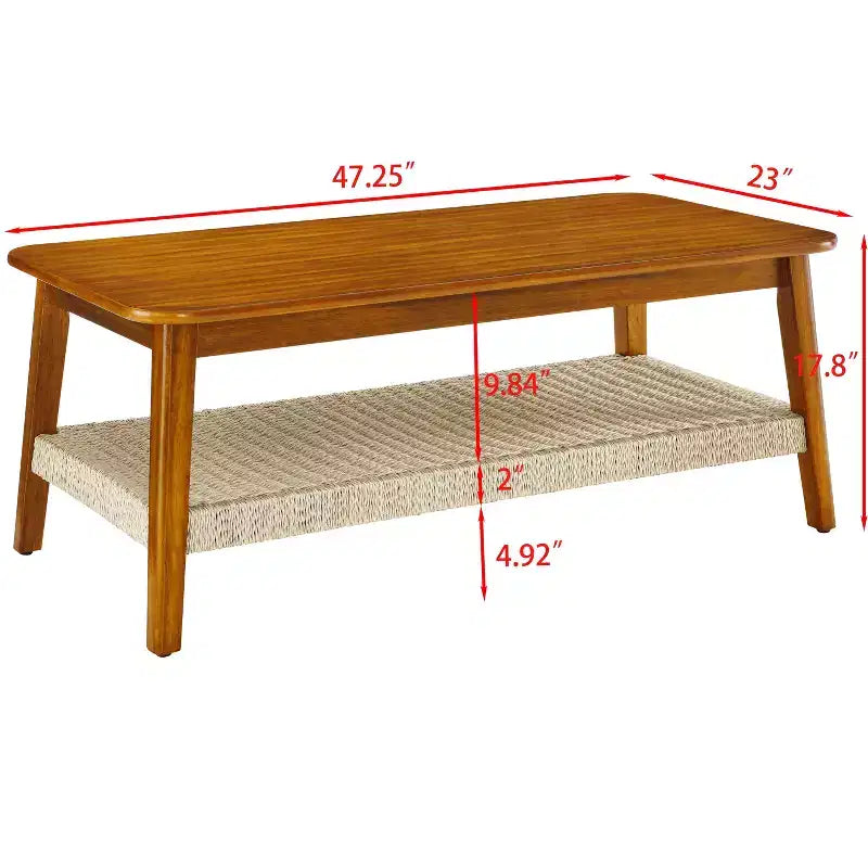 Table basse Ramsay Mid-Century Modern en hévéa avec étagère en rotin tressé