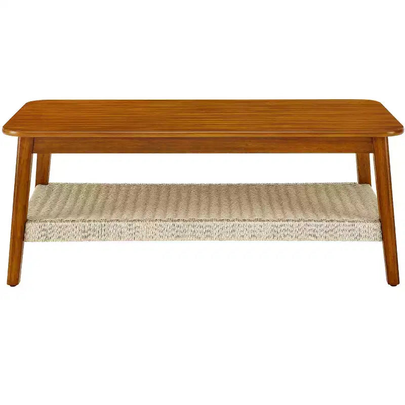 Table basse Ramsay Mid-Century Modern en hévéa avec étagère en rotin tressé