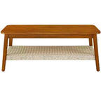 Table basse Ramsay Mid-Century Modern en hévéa avec étagère en rotin tressé