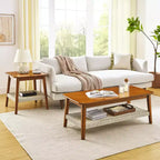 Table basse Ramsay Mid-Century Modern en hévéa avec étagère en rotin tressé