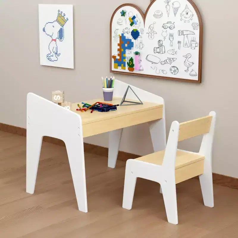 Table pour enfants avec une chaise, table d'étude en bois pour enfants, meubles pour enfants de 2 à 8 ans, blanc+naturel