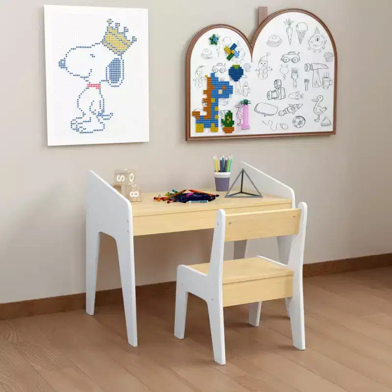 Table pour enfants avec une chaise, table d'étude en bois pour enfants, meubles pour enfants de 2 à 8 ans, blanc+naturel