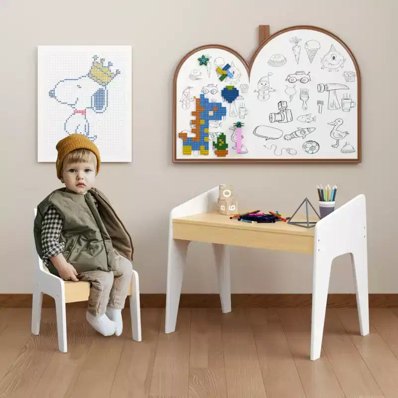 Table pour enfants avec une chaise, table d'étude en bois pour enfants, meubles pour enfants de 2 à 8 ans, blanc+naturel