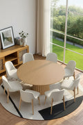 PexFix 60 Modern Round Dining Table Set with 8 Upholstered Chairs Natural Textured Wood Top Pleated Pedestal Base Beige Seats for Kitchen Dining Room