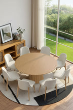 PexFix 60 Modern Round Dining Table Set with 8 Upholstered Chairs Natural Textured Wood Top Pleated Pedestal Base Beige Seats for Kitchen Dining Room