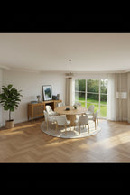 Table à manger ronde moderne 60" avec 8 chaises rembourrées Plateau en bois texturé naturel Piédestal plissé Sièges beiges pour cuisine salle à manger