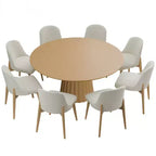 Table à manger ronde moderne 60" avec 8 chaises rembourrées Plateau en bois texturé naturel Piédestal plissé Sièges beiges pour cuisine salle à manger