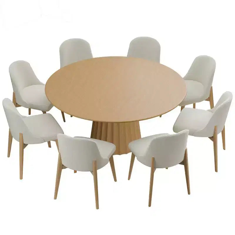 Table à manger ronde moderne 60" avec 8 chaises rembourrées Plateau en bois texturé naturel Piédestal plissé Sièges beiges pour cuisine salle à manger