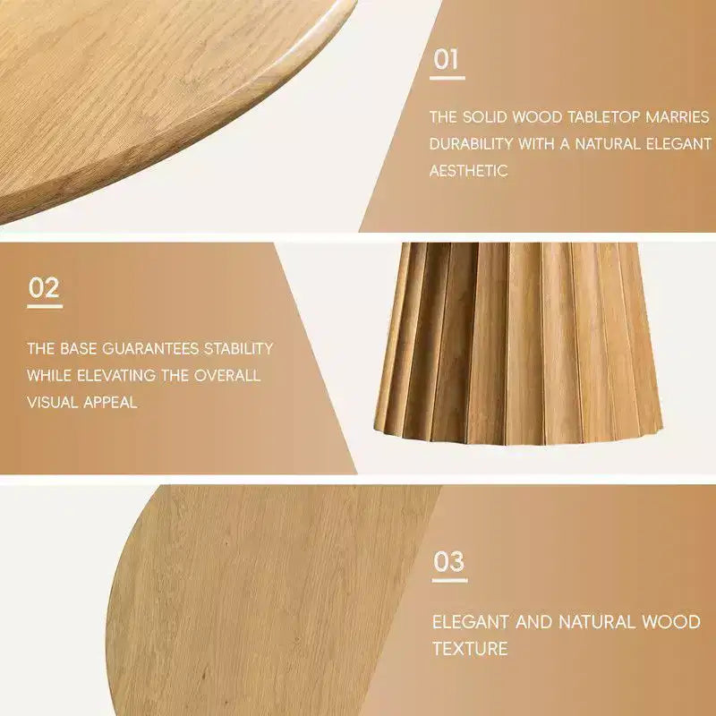 Table à manger ronde moderne 60" avec 8 chaises rembourrées Plateau en bois texturé naturel Piédestal plissé Sièges beiges pour cuisine salle à manger