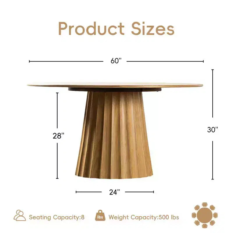 Table à manger ronde moderne 60" avec 8 chaises rembourrées Plateau en bois texturé naturel Piédestal plissé Sièges beiges pour cuisine salle à manger