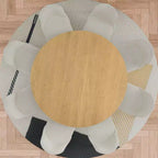 Table à manger ronde moderne 60" avec 8 chaises rembourrées Plateau en bois texturé naturel Piédestal plissé Sièges beiges pour cuisine salle à manger