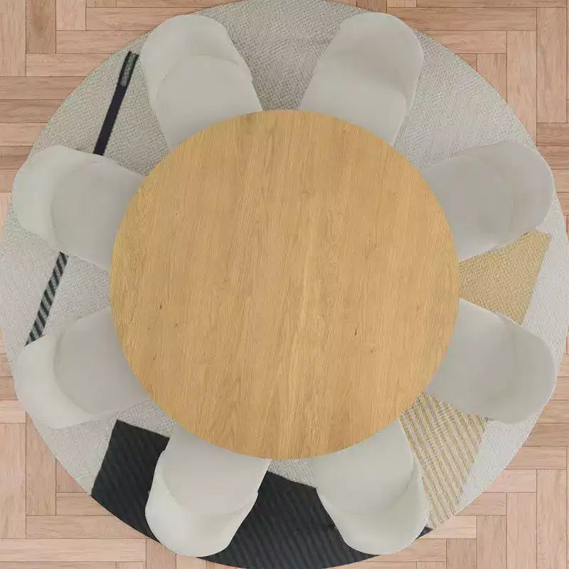 Table à manger ronde moderne 60" avec 8 chaises rembourrées Plateau en bois texturé naturel Piédestal plissé Sièges beiges pour cuisine salle à manger